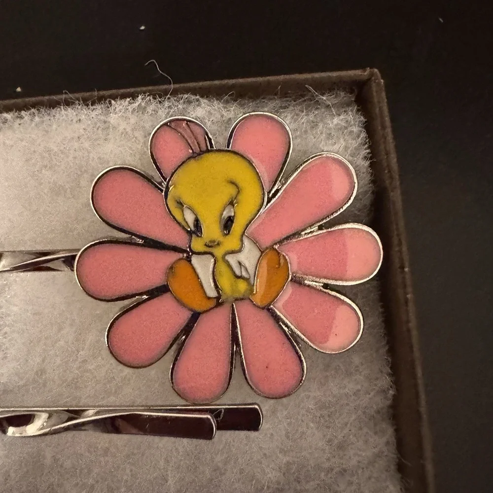 2 Old Cloisonne Tweety Bird Flower Petal Animation Cartoon Comic Hair‎ Bobby Pin